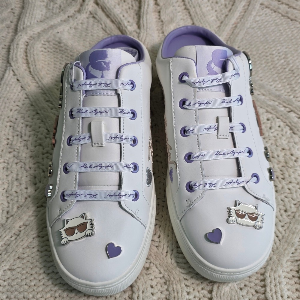Karl Lagerfeld Paris Cambria Mule Sneakers Cat Charms White Purple Women 9 NEW - Picture 3 of 7
